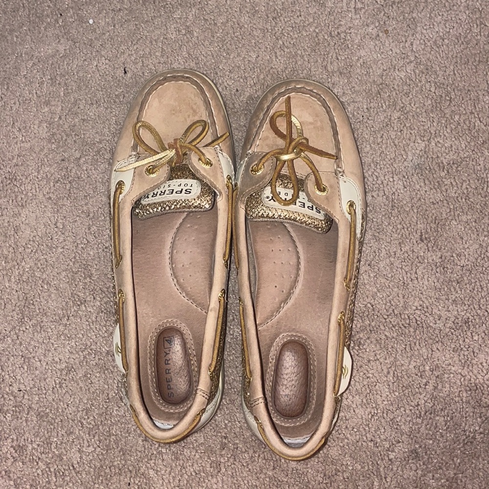 Sperry’s Top Sider slip on shoes. Gold glitter